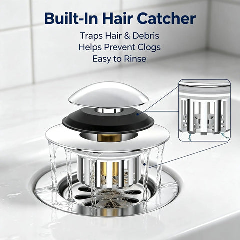 Bathtub Drain Stopper Pop-Up Tub Stopper Hair Catcher in chrome finish, trapping hair and debris in a bathroom sink.