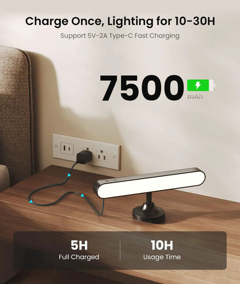 Wireless Rechargeable Wall Sconces Featuring 7500mAh Battery Power showing charging setup with usage time details.