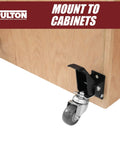 Legit Heavy Duty Retractable Caster Kit For Workbenches And Workshop Tables With Durable Urethane Wheels mounted on cabinet.