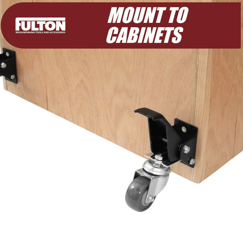 Legit Heavy Duty Retractable Caster Kit For Workbenches And Workshop Tables With Durable Urethane Wheels mounted on cabinet.