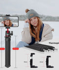 All In One Portable Camera Tripod And Flexible Phone Stand With Cold Shoe Mount For iPhone And Most Cameras shown with phone in use