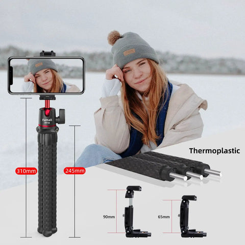 All In One Portable Camera Tripod And Flexible Phone Stand With Cold Shoe Mount For iPhone And Most Cameras shown with phone in use