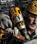 Heavy Duty 18V Brushless Cordless Drill And Impact Driver Combo Kit in use by a worker on a construction site.