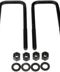 Rugged Rear Leaf Spring Axle U Bolt Kit For Heavy Duty Suspension Repair includes black zinc steel U-bolts and mounting nuts.