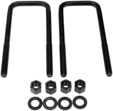 Rugged Rear Leaf Spring Axle U Bolt Kit For Heavy Duty Suspension Repair includes black zinc steel U-bolts and mounting nuts.