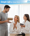 Family in bathrobes enjoying Large White Shower Hair Catcher With Flexible Silicone Bristles Works As Ultimate Drain Protector.