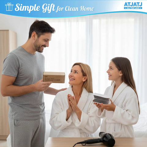 Family in bathrobes enjoying Large White Shower Hair Catcher With Flexible Silicone Bristles Works As Ultimate Drain Protector.
