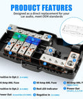12V Fused Power Distribution Block For Car Stereo, 4-Way MIDI Fuse Block With Ground, Handles 0/2/4 GA In And 4/6/8 GA Out, Dual Positive Sides With Individual Fuses, Perfect For Auto, Marine, Boat And Solar Setups, black fuse block with numbered terminals