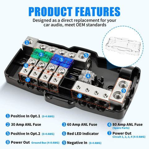 12V Fused Power Distribution Block For Car Stereo, 4-Way MIDI Fuse Block With Ground, Handles 0/2/4 GA In And 4/6/8 GA Out, Dual Positive Sides With Individual Fuses, Perfect For Auto, Marine, Boat And Solar Setups, black fuse block with numbered terminals