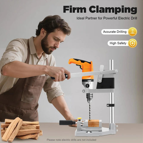 Man using Portable Drill Press Stand And Hand Drill Adapter Aluminum Base Single Hole Workstation for precise drilling on wood.