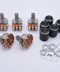 Five Piece 100K Ohm Rotary Potentiometer Kit With 6 Pin Layout For Audio Volume Tone Control Linear Type B Dual Taper Split Shaft Knurled 6mm Shaft Includes Five Knobs And Mounting Details For DIY Amp