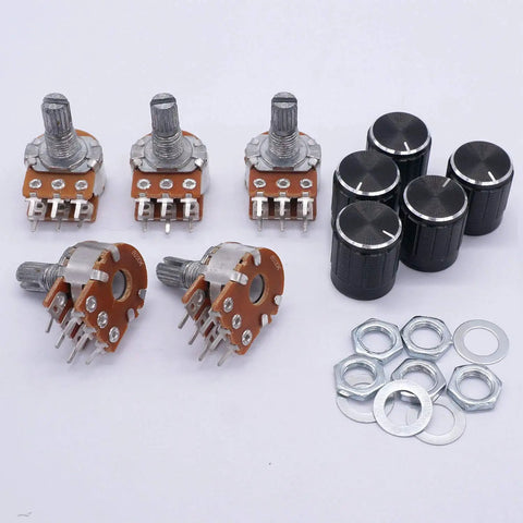 Five Piece 100K Ohm Rotary Potentiometer Kit With 6 Pin Layout For Audio Volume Tone Control Linear Type B Dual Taper Split Shaft Knurled 6mm Shaft Includes Five Knobs And Mounting Details For DIY Amp