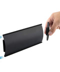 Installing Six Pack Black Aluminum Wall Mount Name Plate Holders For Office Doors, showing side view and adhesive application