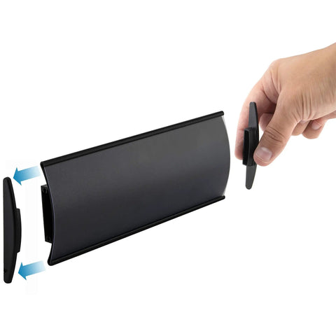 Installing Six Pack Black Aluminum Wall Mount Name Plate Holders For Office Doors, showing side view and adhesive application