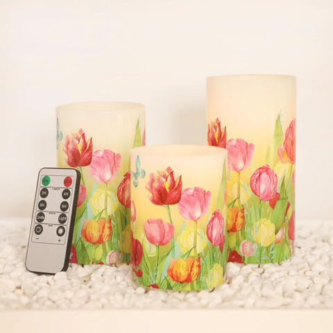 Flameless LED Candles With Remote Set Of 3 Real Wax Bunny Glass Decor for Easter on white pebbles with remote included