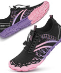Black and pink hiking barefoot water shoes for men and women quick dry beach swim shoes with thick rubber soles toe cap and non slip treads.