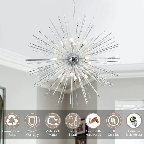 Sputnik Style 12-Light Chandelier In Polished Chrome Firework Design Pendant Lighting displayed in a modern living room.