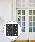 Six Pack Tough As Nails 4 Inch Stainless Steel Door Hinges Heavy Duty Ball Bearing Action Matte Black Finish Square Corner Profile displayed on a door.