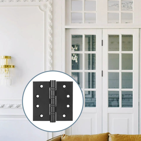 Six Pack Tough As Nails 4 Inch Stainless Steel Door Hinges Heavy Duty Ball Bearing Action Matte Black Finish Square Corner Profile displayed on a door.