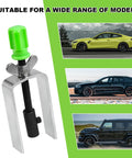 Steering Wheel Lock Plate Remover And Compressor Puller Tool with green handle, shown with various vehicle models in background