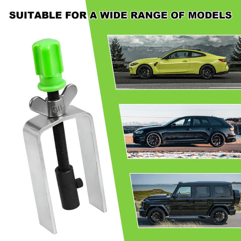 Steering Wheel Lock Plate Remover And Compressor Puller Tool with green handle, shown with various vehicle models in background