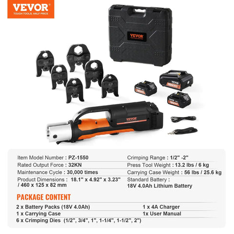 Heavy Duty 18V Electric Pipe Crimping Tool For Half To Two Inch Copper Lines With Fast Hydraulic Action And 32KN Output, batteries, jaws, and case included.