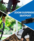 Collage showing coil spring suspension seatpost 31.6x350mm for MTB BMX E bike, riders on trails, and detailed view of alloy post