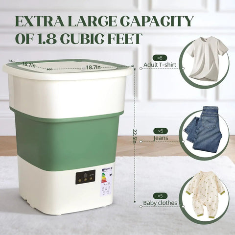 Slick Heavy Duty Portable Washing Machine With Fast Spin Basket, 1.8 Cu Ft showing large capacity for 8 adult T-shirts.