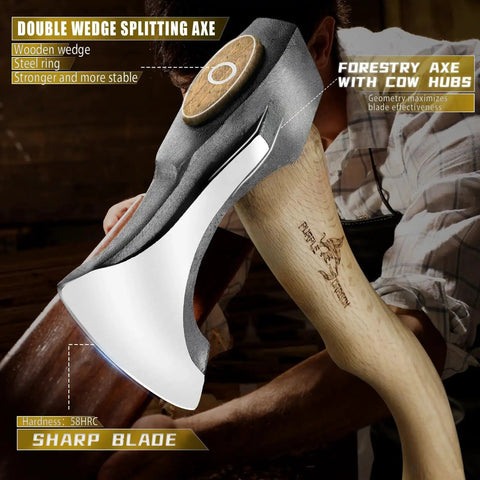 Beast Camping Hatchet Hand Forged 14.7 Inch Splitting Axe With Leather Sheath close-up of steel head and wooden handle