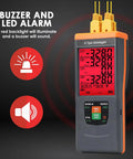 4 Channel Digital K Type Thermocouple Data Logger with LED alarm feature shown, red backlight, black and orange design for lab use.