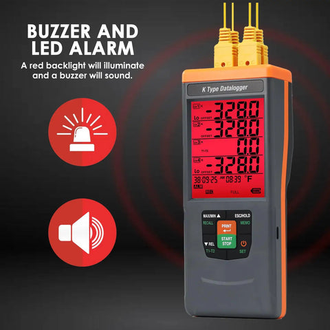 4 Channel Digital K Type Thermocouple Data Logger with LED alarm feature shown, red backlight, black and orange design for lab use.
