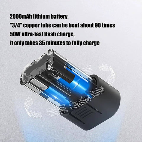 Top Rated Electric Tube Bender Kit For Soft Copper Pipe With 90 Degree Angle lithium battery showing 2000mAh capacity and fast charge.