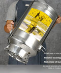 Heavy Duty 304 Stainless Steel Milk Jug With Slick Airtight Seal Prime Food Storage Container For Rice Flour Sugar And Coffee Beans, held at angle.