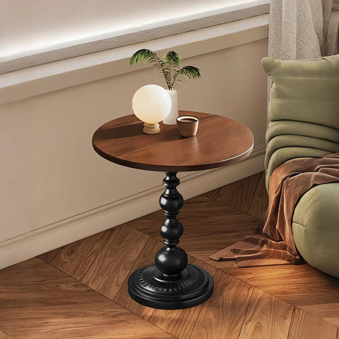 Vintage Round End Table With Solid Wood Top And Metal Base 15 Inch Wide Modern Side Table For Living Room Or Bedroom Kitchen Coffee Shop Vibe Farmhouse Accent beside a sofa.