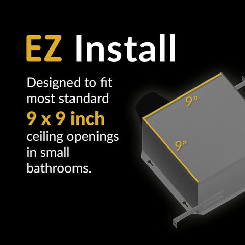100 CFM Bathroom Vent Fan With Humidity Sensing And 0.8 Sone Low Key Quiet Operation Energy Star Certified, showing 9x9 inch fitting size.