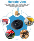 Two Pack 14.5x3.50-8 Flat Free Wheel Set showing compatibility with various equipment like hand trucks and lawn mowers.