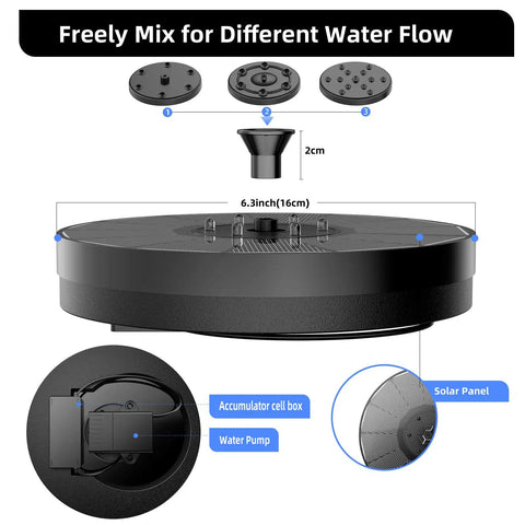 Diagram of Solar Powered Fountain Pump For Bird Bath And Garden Ponds With Upgraded Glass Panel, 7 Nozzles, 4 Fixers, 4W Pump.