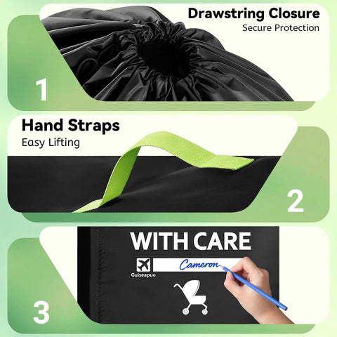 Umbrella Stroller Travel Bag Shield For Airplane Travel showing drawstring closure, green hand straps, and care label writing.