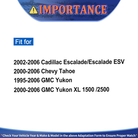 Fitment information for various Chevy, GMC, Cadillac models including Escalade, Tahoe, Yukon