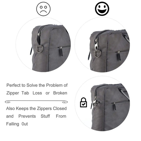 Double Small Carabiner Clips For Zipper Replacement And Theft Deterrent, attached to bag zippers, secures pulls on luggage