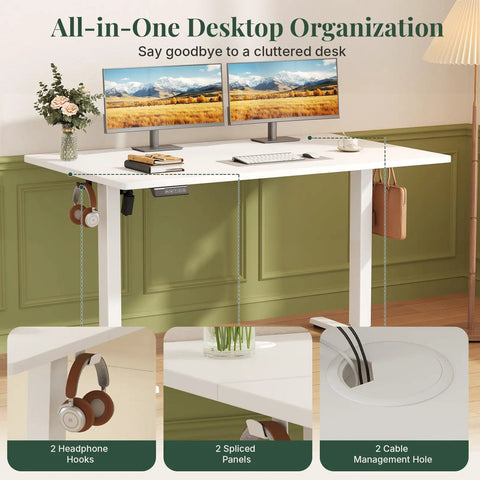 48 Inch Electric Standing Desk Height Adjustable Sit Stand Workstation With Silent Motor Memory Presets And Wide White Top showing cable management and headphone hooks.