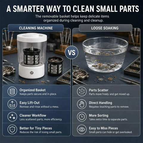 Comparison showing Premium Watch Cleaning Machine And Parts Dryer With 360 Degree Ultrasonic Tech next to messy water soaking small parts.