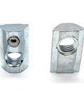 Roll-In T-Nut With Ball Spring 5/16-18, 24 Pack, showing different angles of 15 Series aluminum extrusion compatible fasteners for CNC and DIY