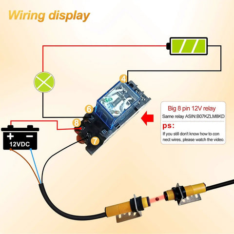 Wiring display showing 12V battery connection with relay and 1 Pair M18 Photoelectric Sensor Infrared Through Beam Reflection Optical Switch NPN NO 6-36VDC Proximity Sensor With Mounting Bracket For Industrial Automation And Conveyor Systems E3F-5DN1.