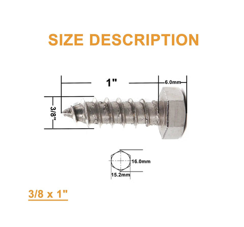 3/8 Inch Hex Head Lag Screws 20 Pack Premium Heavy Duty 304 Stainless Steel outdoor construction bolts size 3/8 x 1 inch with measurements.