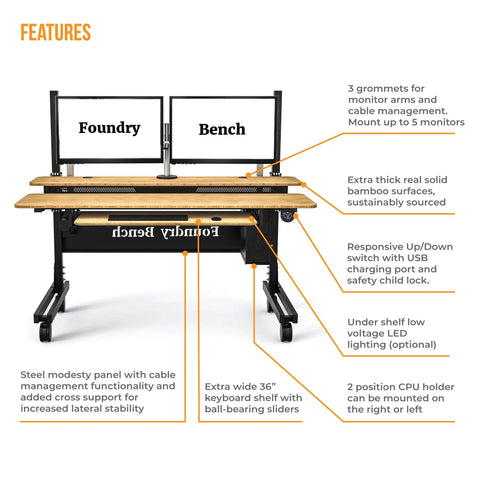 Smooth Bamboo Electric Standing Desk Riser 60 X 30 Inches With Motorized Lift And Easy Rolling Casters showcasing dual monitor setup and bamboo surface.