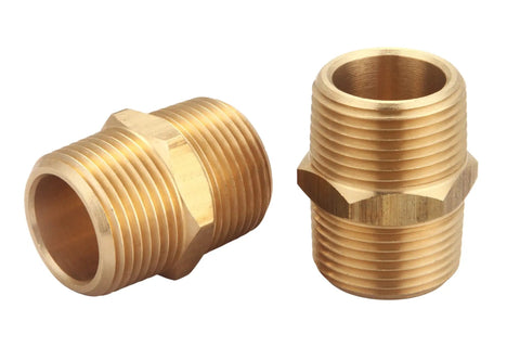 Brass 3/4 Inch NPT Nipple Set With Hex Two Piece Male Pipe Fittings Straight Connector, showing brass finish and threading detail