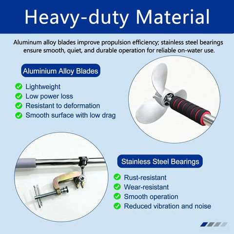 Lightweight Electric Inflatable Boat Motor Adapter with 125cm all metal shaft showcasing aluminum alloy blades and stainless steel bearings.