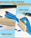 Race Car Track Starter Set With Flexible 15 Foot Ramp, blue track with diecast cars making jumps and bumps on wooden blocks