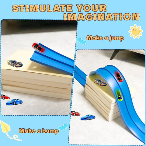 Race Car Track Starter Set With Flexible 15 Foot Ramp, blue track with diecast cars making jumps and bumps on wooden blocks